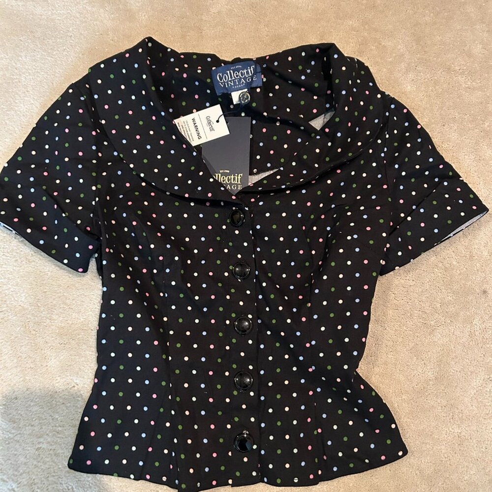 Collectif Vintage Brette Black Polka Dot Shirt Blouse